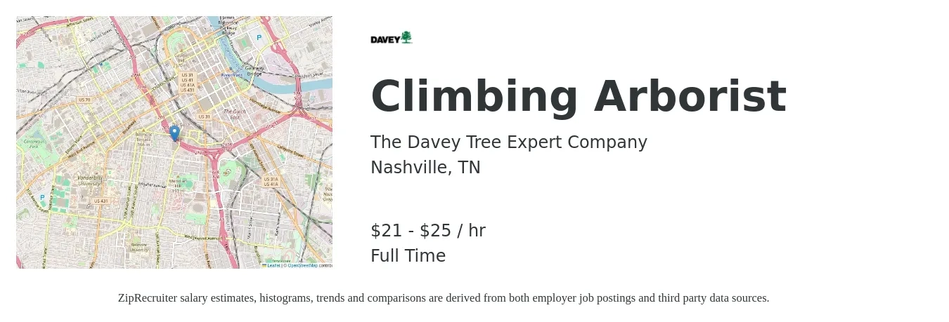 The Davey Tree Expert Company job posting for a Climbing Arborist in Nashville, TN with a salary of $22 to $27 Hourly with a map of Nashville location.
