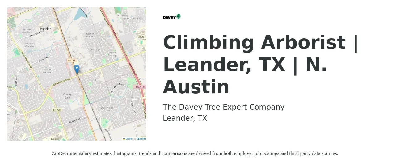 The Davey Tree Expert Company job posting for a Climbing Arborist | Leander, TX | N. Austin in Leander, TX with a salary of $22 to $33 Hourly with a map of Leander location.