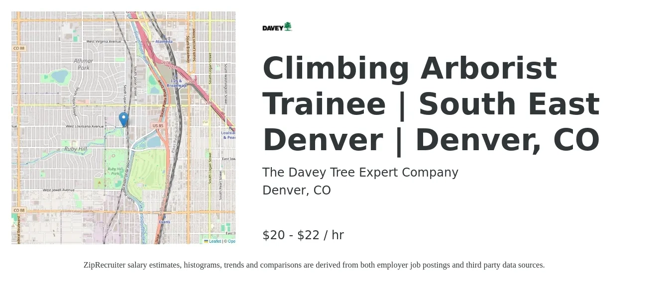 The Davey Tree Expert Company job posting for a Climbing Arborist Trainee | South East Denver | Denver, CO in Denver, CO with a salary of $21 to $23 Hourly with a map of Denver location.