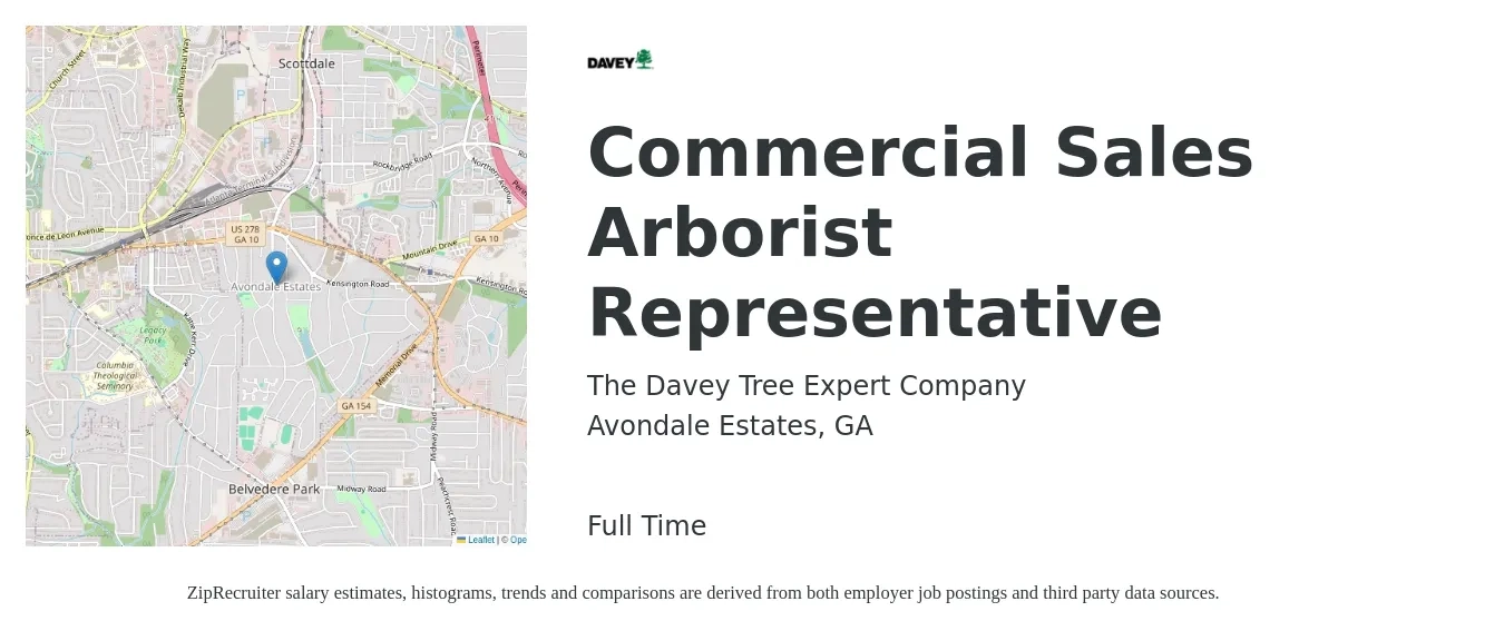 The Davey Tree Expert Company job posting for a Commercial Sales Arborist Representative in Avondale Estates, GA with a salary of $44,400 to $64,500 Yearly with a map of Avondale Estates location.