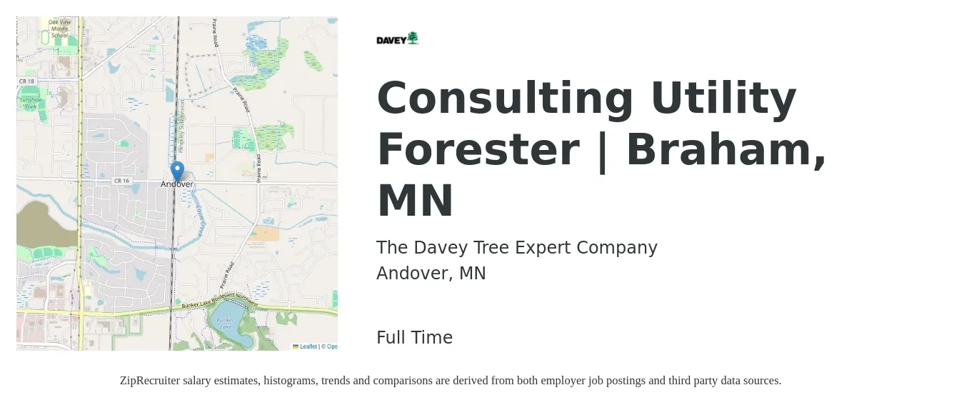 The Davey Tree Expert Company job posting for a Consulting Utility Forester | Braham, MN in Andover, MN with a salary of $18 to $30 Hourly with a map of Andover location.
