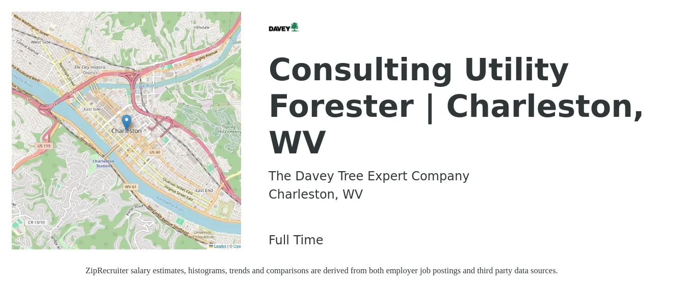 The Davey Tree Expert Company job posting for a Consulting Utility Forester | Charleston, WV in Charleston, WV with a salary of $18 to $29 Hourly with a map of Charleston location.