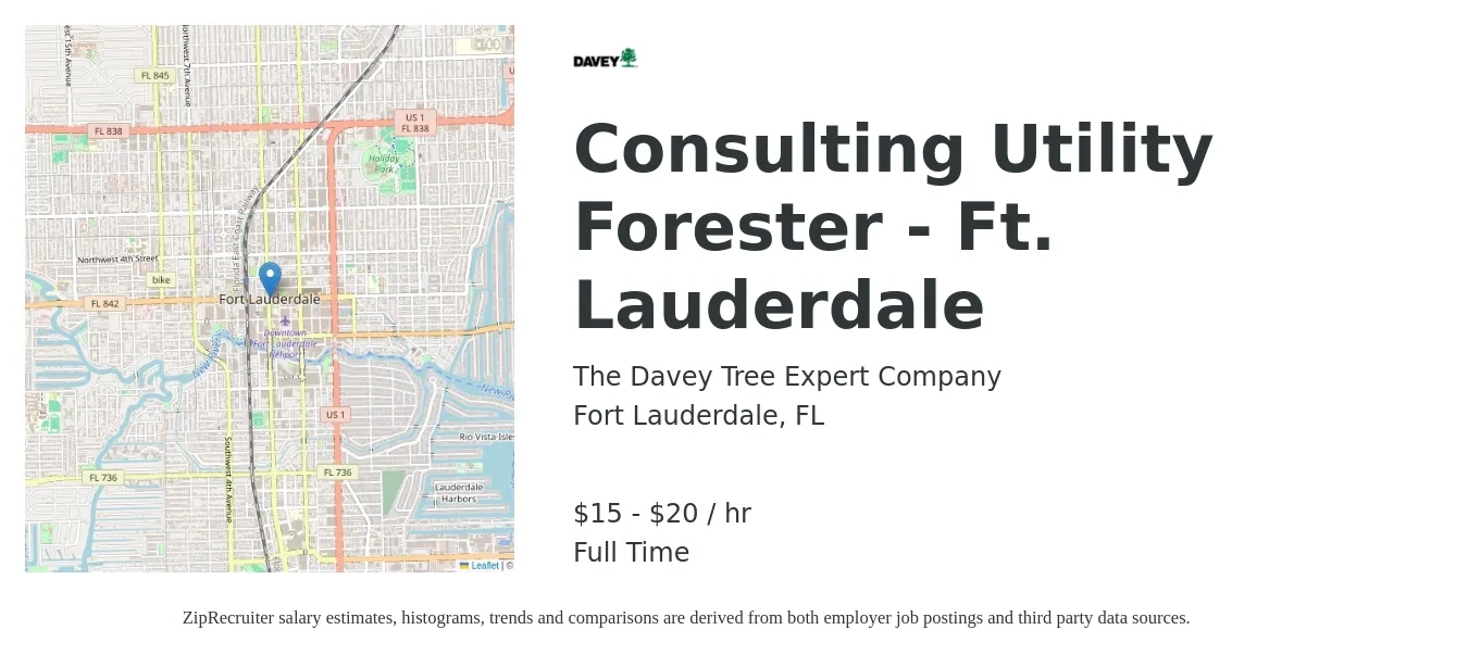 The Davey Tree Expert Company job posting for a Consulting Utility Forester - Ft. Lauderdale in Fort Lauderdale, FL with a salary of $16 to $21 Hourly with a map of Fort Lauderdale location.