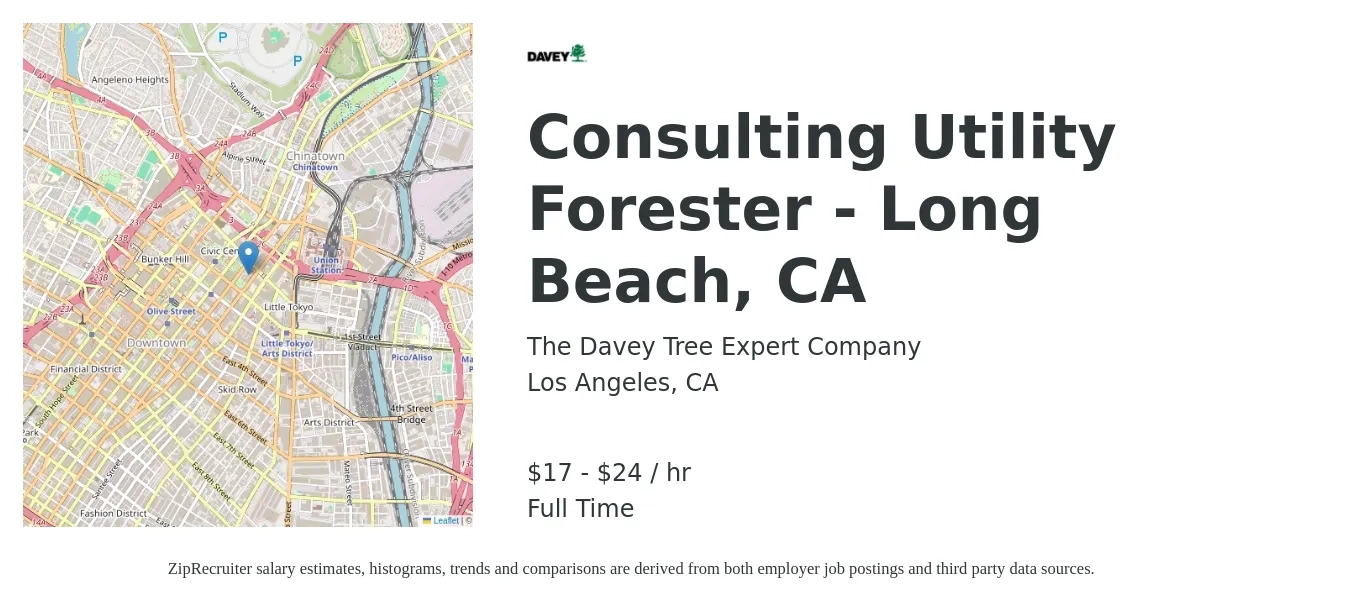 The Davey Tree Expert Company job posting for a Consulting Utility Forester - Long Beach, CA in Los Angeles, CA with a salary of $18 to $25 Hourly with a map of Los Angeles location.