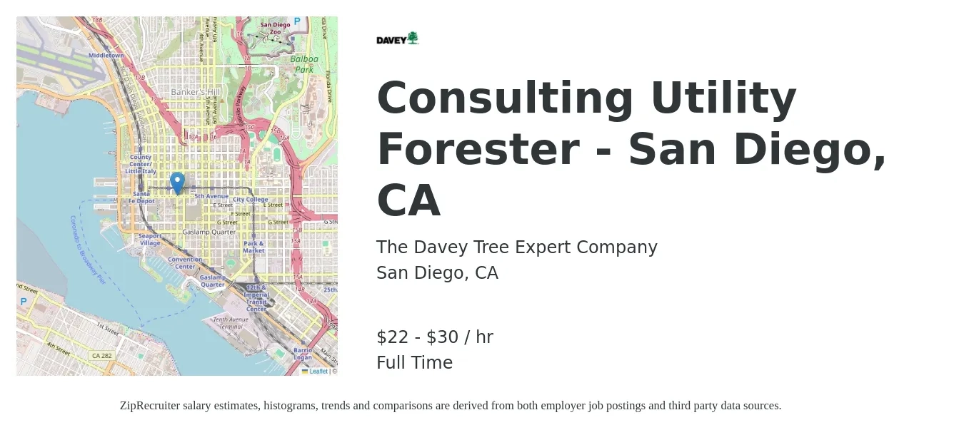 The Davey Tree Expert Company job posting for a Consulting Utility Forester - San Diego, CA in San Diego, CA with a salary of $23 to $31 Hourly with a map of San Diego location.
