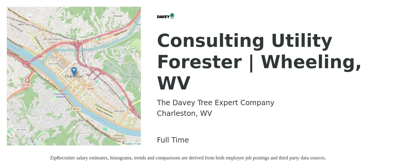 The Davey Tree Expert Company job posting for a Consulting Utility Forester | Wheeling, WV in Charleston, WV with a salary of $18 to $29 Hourly with a map of Charleston location.