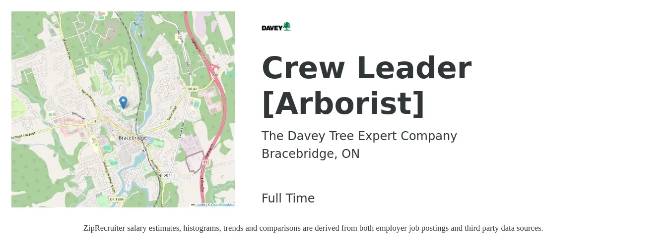 The Davey Tree Expert Company job posting for a Crew Leader [Arborist] in Bracebridge, ON with a map of Bracebridge location.