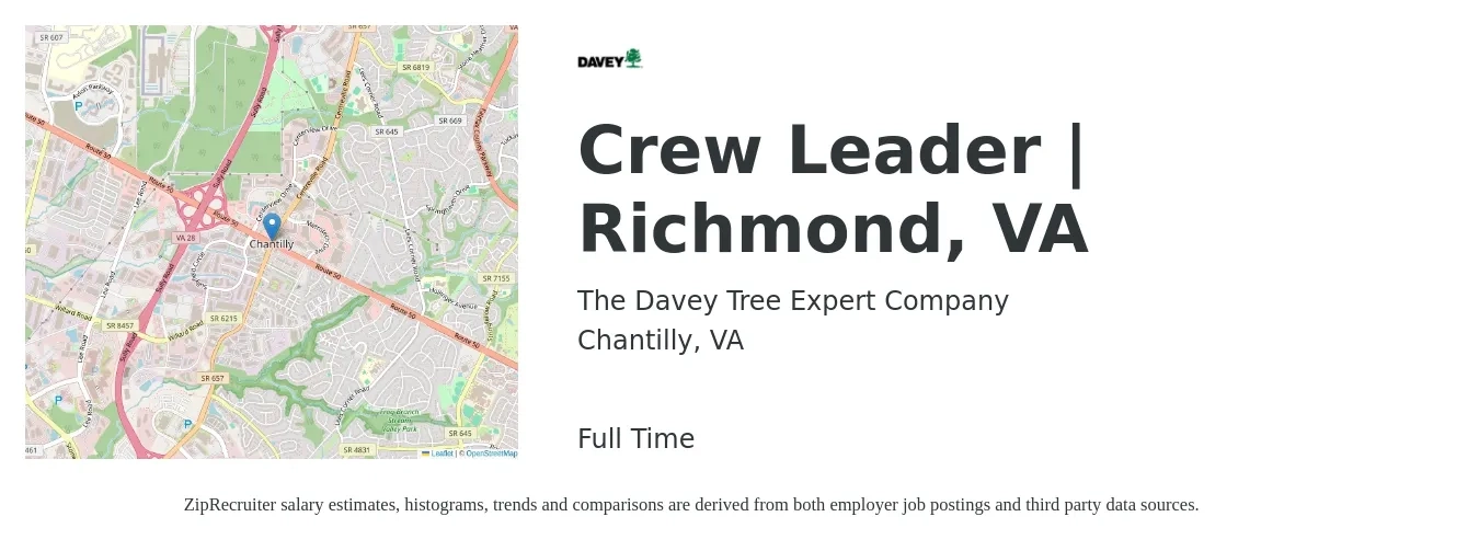The Davey Tree Expert Company job posting for a Crew Leader | Richmond, VA in Chantilly, VA with a salary of $17 to $25 Hourly with a map of Chantilly location.