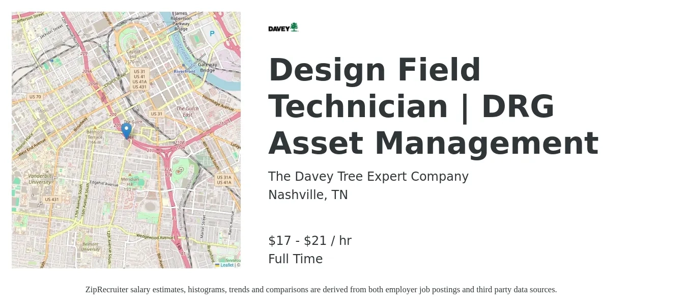 The Davey Tree Expert Company job posting for a Design Field Technician | DRG Asset Management in Nashville, TN with a salary of $18 to $22 Hourly with a map of Nashville location.