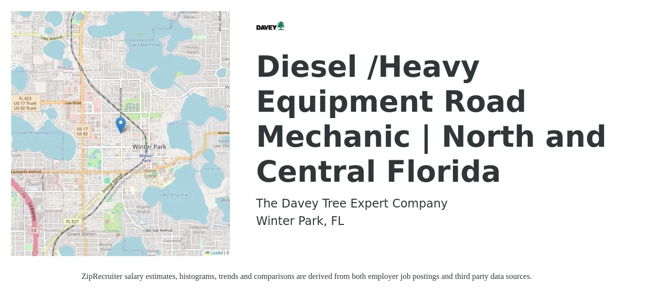 The Davey Tree Expert Company job posting for a Diesel /Heavy Equipment Road Mechanic | North and Central Florida in Winter Park, FL with a salary of $22 to $31 Hourly with a map of Winter Park location.