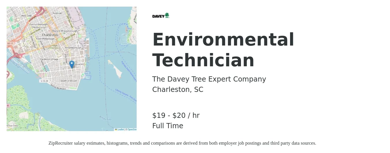 The Davey Tree Expert Company job posting for a Environmental Technician in Charleston, SC with a salary of $20 to $22 Hourly with a map of Charleston location.