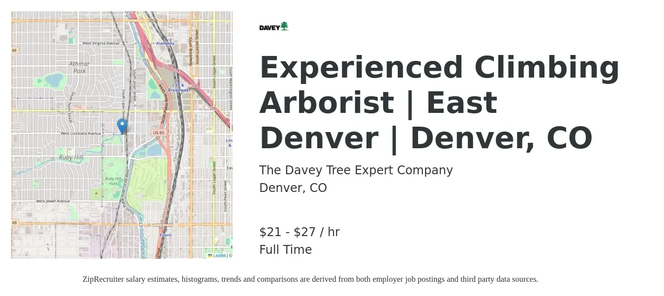 The Davey Tree Expert Company job posting for a Experienced Climbing Arborist | East Denver | Denver, CO in Denver, CO with a salary of $22 to $29 Hourly with a map of Denver location.