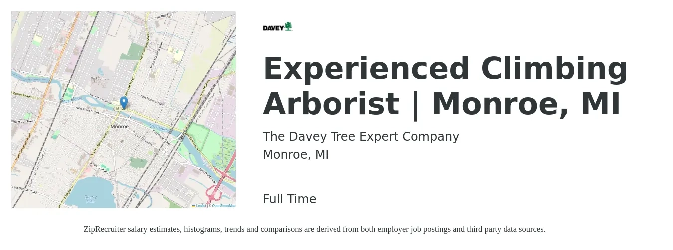 The Davey Tree Expert Company job posting for a Experienced Climbing Arborist | Monroe, MI in Monroe, MI with a salary of $22 to $32 Hourly with a map of Monroe location.