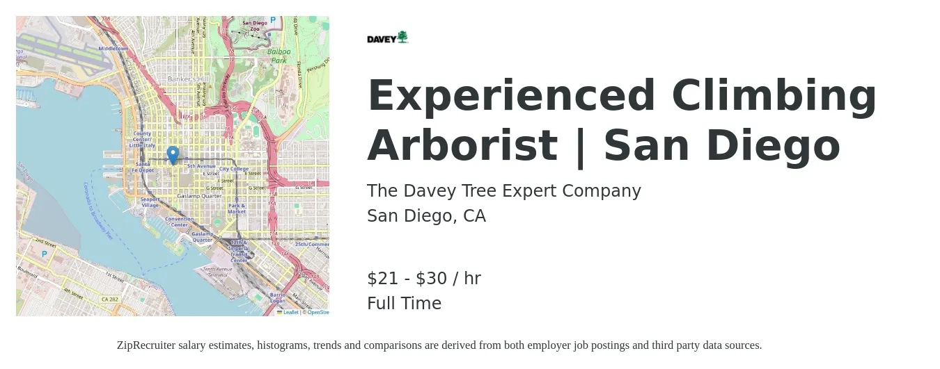 The Davey Tree Expert Company job posting for a Experienced Climbing Arborist | San Diego in San Diego, CA with a salary of $22 to $32 Hourly with a map of San Diego location.