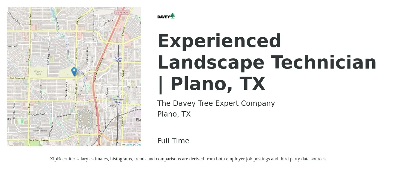 The Davey Tree Expert Company job posting for a Experienced Landscape Technician | Plano, TX in Plano, TX with a salary of $16 to $20 Hourly with a map of Plano location.