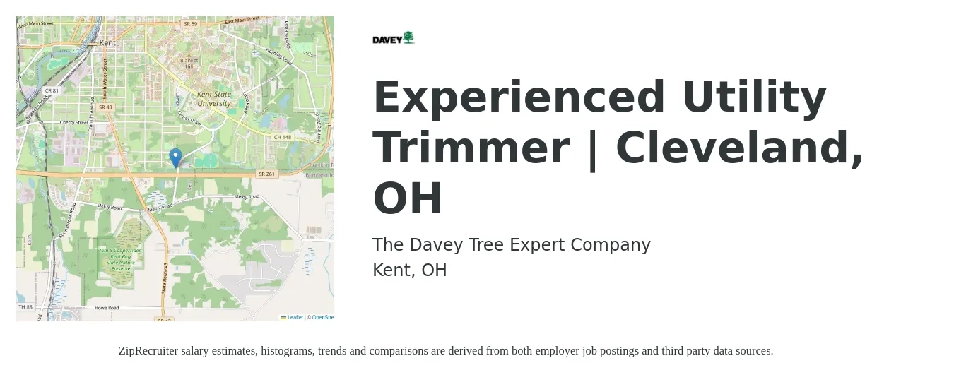 The Davey Tree Expert Company job posting for a Experienced Utility Trimmer | Cleveland, OH in Kent, OH with a salary of $16 to $32 Hourly with a map of Kent location.