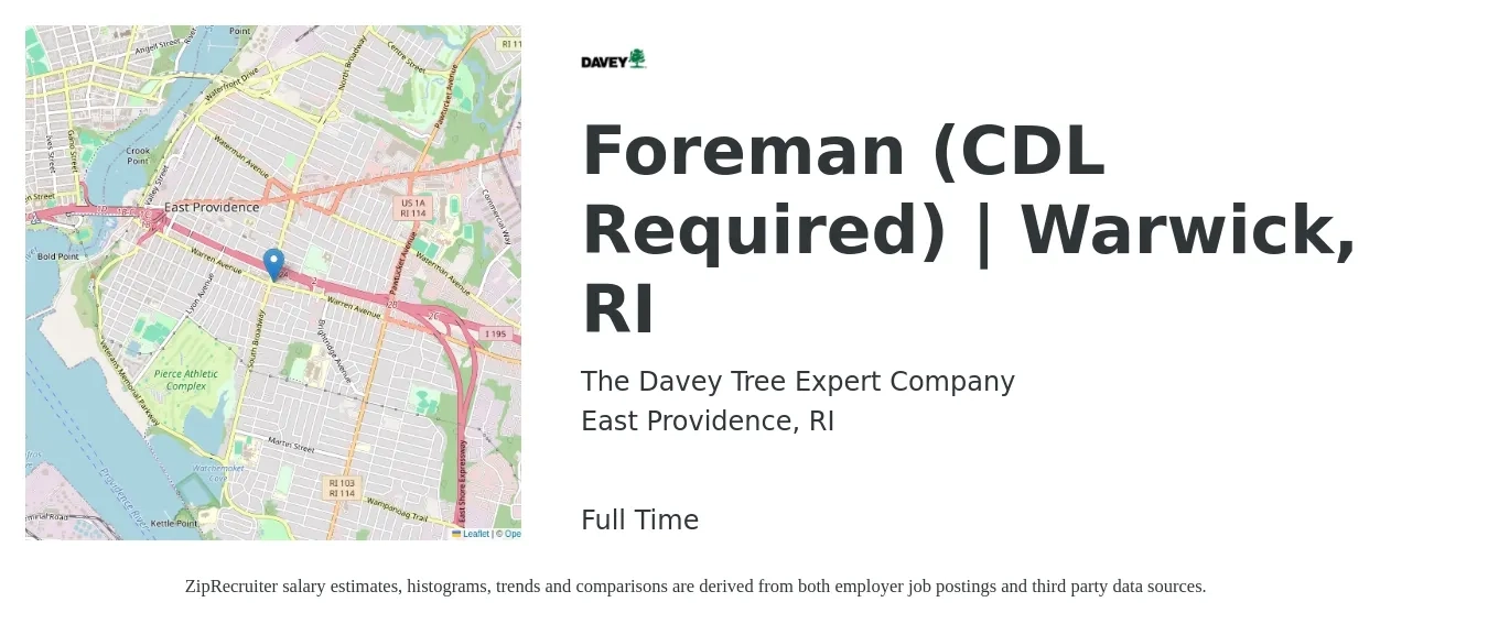 The Davey Tree Expert Company job posting for a Foreman (CDL Required) | Warwick, RI in East Providence, RI with a salary of $42,300 to $93,200 Yearly with a map of East Providence location.