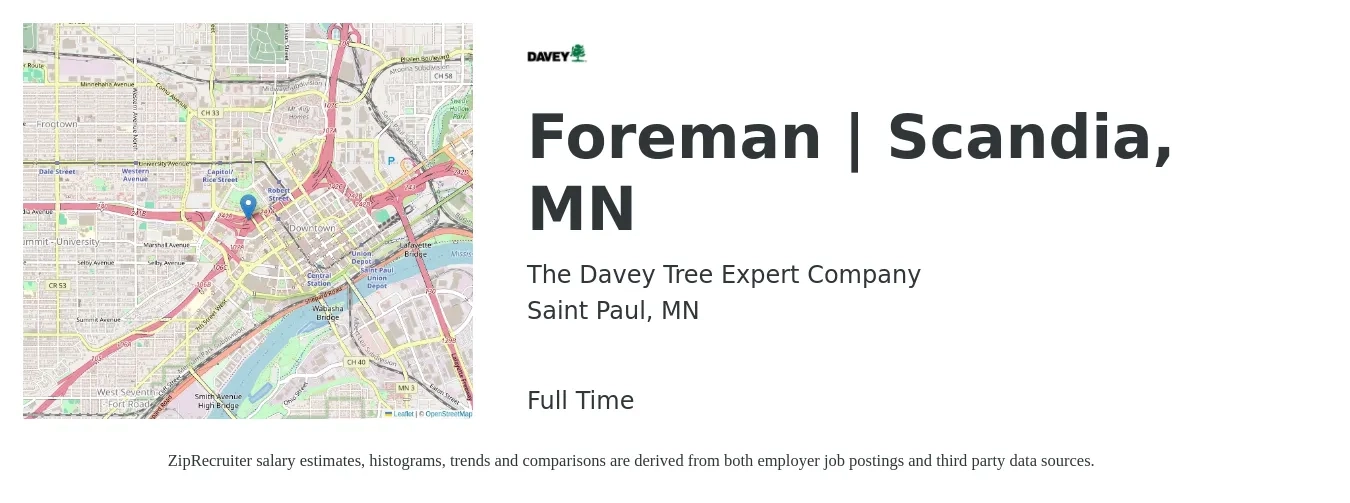 The Davey Tree Expert Company job posting for a Foreman | Scandia, MN in Saint Paul, MN with a salary of $20 to $28 Hourly with a map of Saint Paul location.