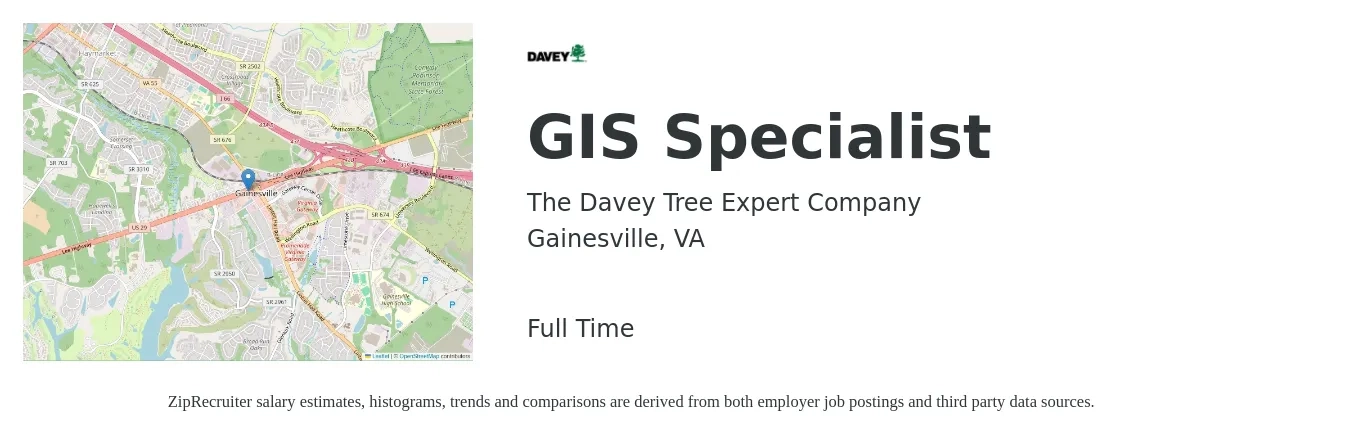 The Davey Tree Expert Company job posting for a GIS Specialist in Gainesville, VA with a salary of $53,300 to $81,900 Yearly with a map of Gainesville location.