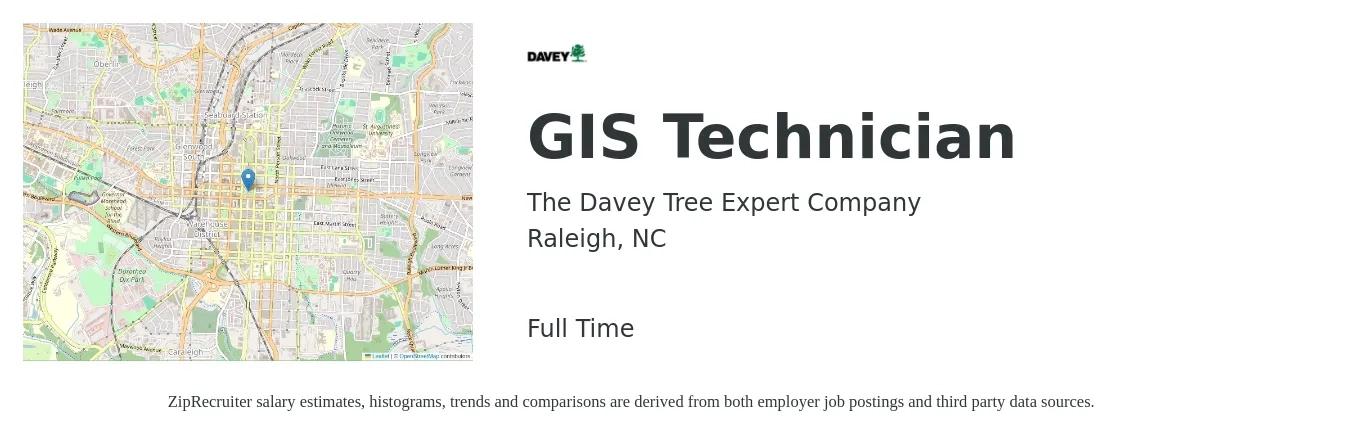 The Davey Tree Expert Company job posting for a GIS Technician in Raleigh, NC with a salary of $22 to $34 Hourly with a map of Raleigh location.