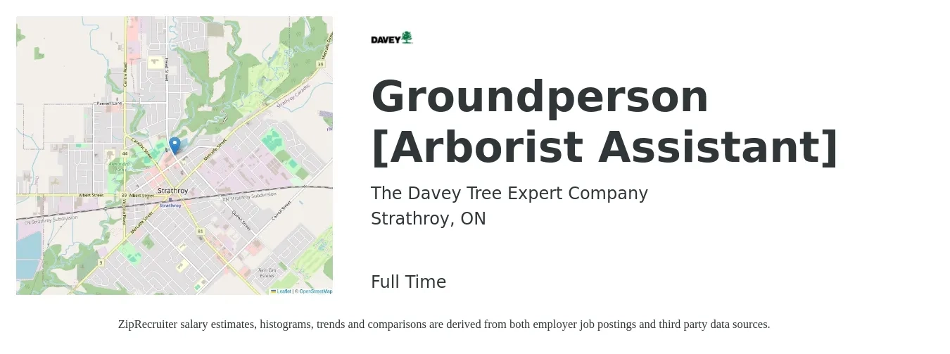 The Davey Tree Expert Company job posting for a Groundperson [Arborist Assistant] in Strathroy, ON with a map of Strathroy location.
