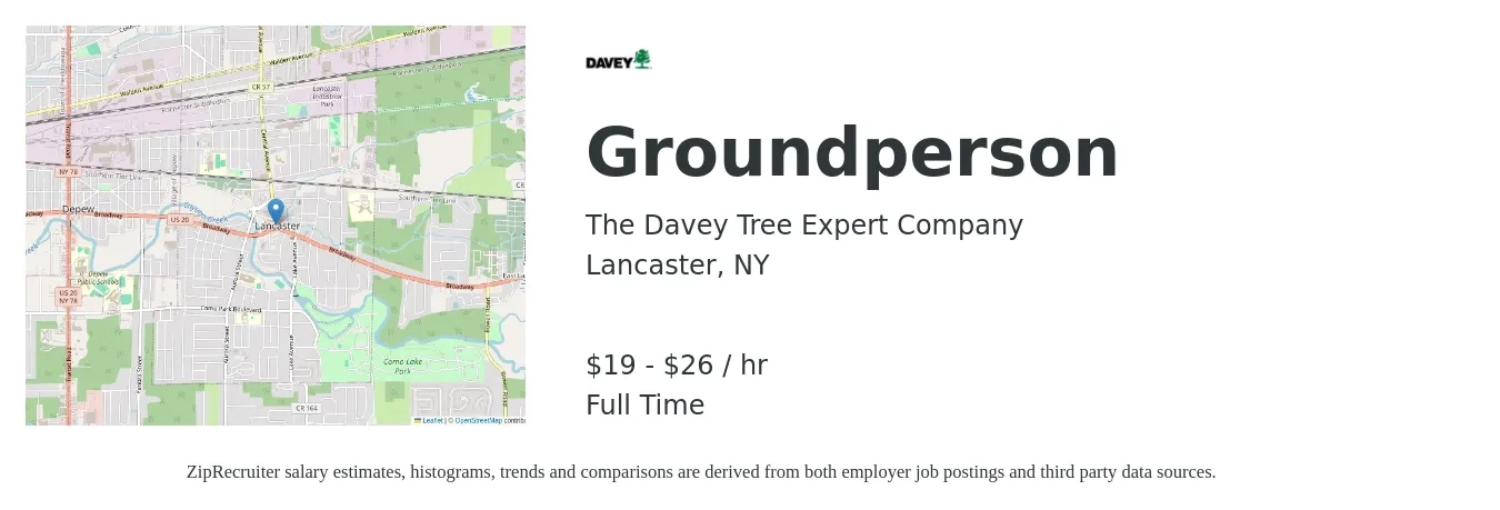 The Davey Tree Expert Company job posting for a Groundperson in Lancaster, NY with a salary of $20 to $28 Hourly with a map of Lancaster location.