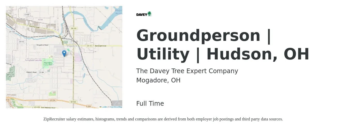 The Davey Tree Expert Company job posting for a Groundperson | Utility | Hudson, OH in Mogadore, OH with a salary of $14 to $20 Hourly with a map of Mogadore location.