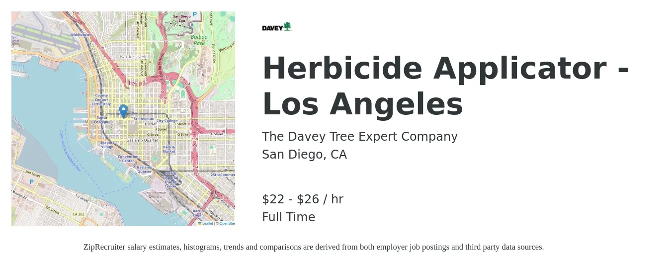 The Davey Tree Expert Company job posting for a Herbicide Applicator - Los Angeles in San Diego, CA with a salary of $23 to $28 Hourly with a map of San Diego location.