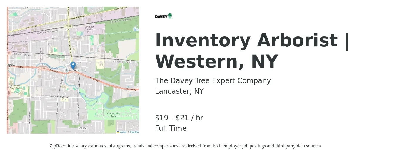 The Davey Tree Expert Company job posting for a Inventory Arborist | Western, NY in Lancaster, NY with a salary of $20 to $22 Hourly with a map of Lancaster location.