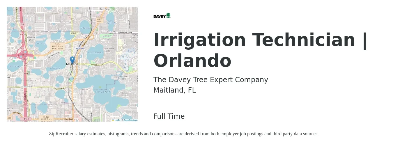 The Davey Tree Expert Company job posting for a Irrigation Technician | Orlando in Maitland, FL with a salary of $18 to $23 Hourly with a map of Maitland location.
