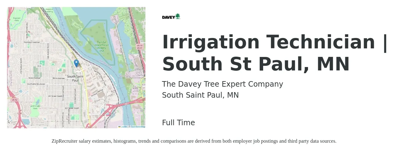 The Davey Tree Expert Company job posting for a Irrigation Technician | South St Paul, MN in South Saint Paul, MN with a salary of $20 to $26 Hourly with a map of South Saint Paul location.