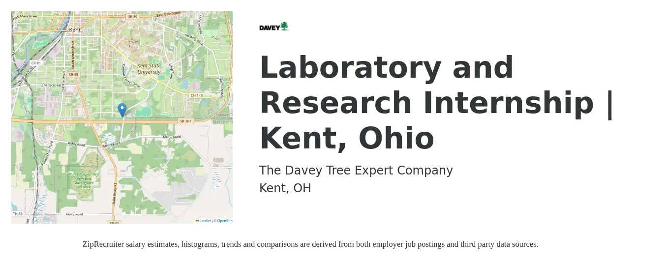 The Davey Tree Expert Company job posting for a Laboratory and Research Internship | Kent, Ohio in Kent, OH with a salary of $4,020 to $6,990 Monthly with a map of Kent location.