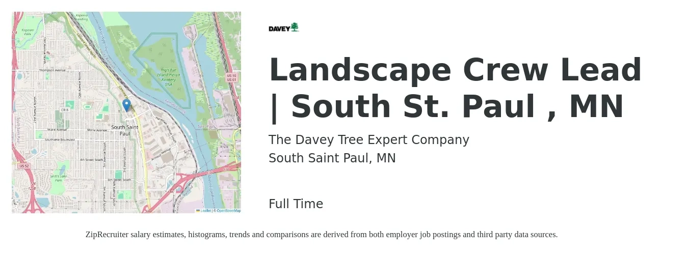 The Davey Tree Expert Company job posting for a Landscape Crew Lead | South St. Paul, MN in South Saint Paul, MN with a salary of $18 to $23 Hourly with a map of South Saint Paul location.