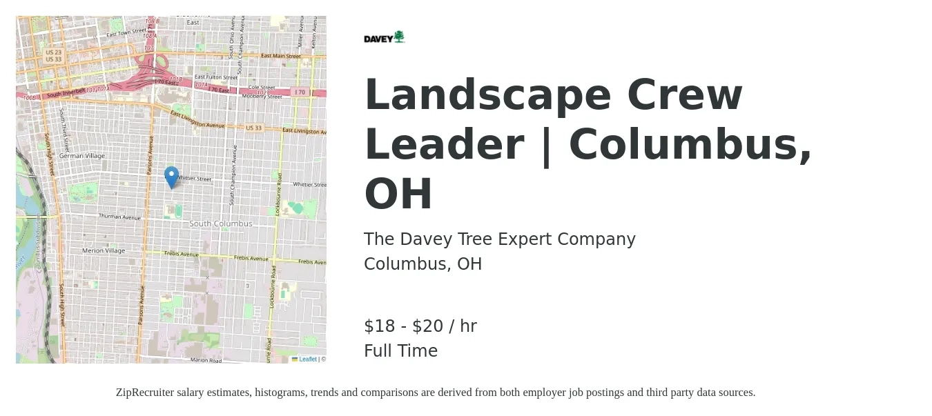 The Davey Tree Expert Company job posting for a Landscape Crew Leader | Columbus, OH in Columbus, OH with a salary of $17 to $21 Hourly with a map of Columbus location.