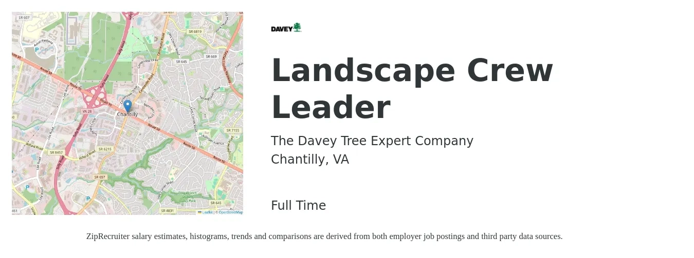 The Davey Tree Expert Company job posting for a Landscape Crew Leader in Chantilly, VA with a salary of $18 to $22 Hourly with a map of Chantilly location.