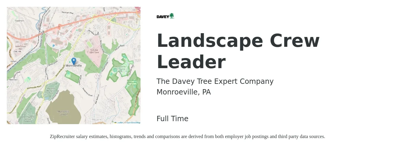 The Davey Tree Expert Company job posting for a Landscape Crew Leader in Monroeville, PA with a salary of $18 to $22 Hourly with a map of Monroeville location.