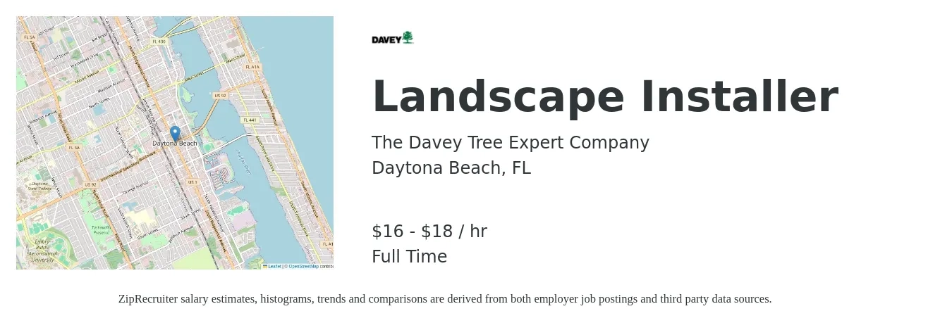 The Davey Tree Expert Company job posting for a Landscape Installer in Daytona Beach, FL with a salary of $17 to $19 Hourly with a map of Daytona Beach location.