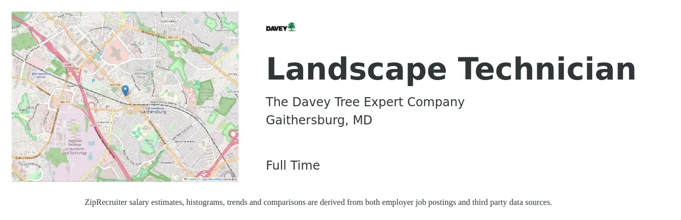 The Davey Tree Expert Company job posting for a Landscape Technician in Gaithersburg, MD with a salary of $18 to $23 Hourly with a map of Gaithersburg location.