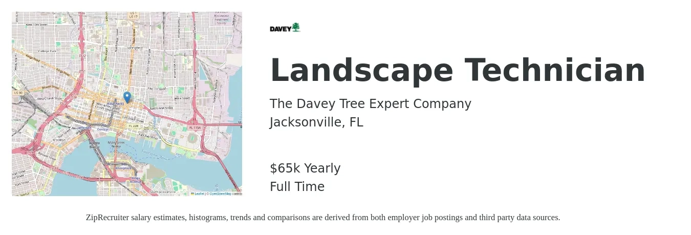 The Davey Tree Expert Company job posting for a Landscape Technician in Jacksonville, FL with a salary of $15 to $19 Hourly with a map of Jacksonville location.