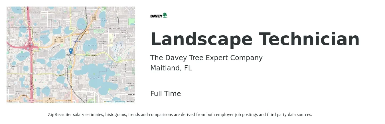 The Davey Tree Expert Company job posting for a Landscape Technician in Maitland, FL with a salary of $16 to $20 Hourly with a map of Maitland location.