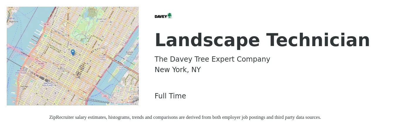 The Davey Tree Expert Company job posting for a Landscape Technician in New York, NY with a salary of $18 to $22 Hourly with a map of New York location.