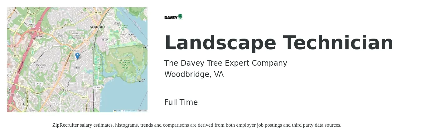 The Davey Tree Expert Company job posting for a Landscape Technician in Woodbridge, VA with a salary of $16 to $21 Hourly with a map of Woodbridge location.