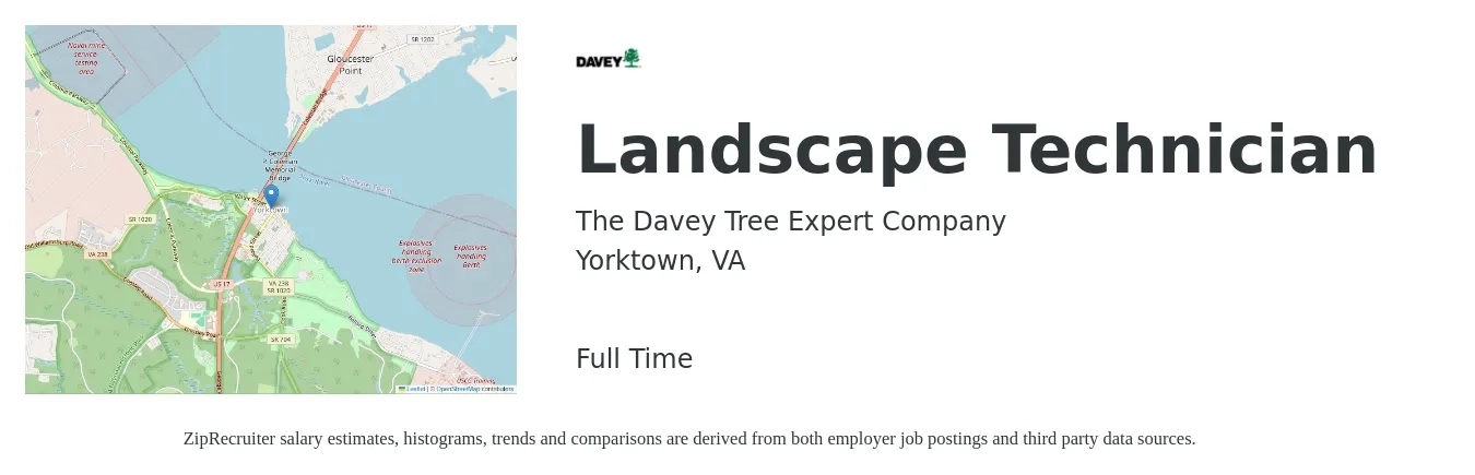 The Davey Tree Expert Company job posting for a Landscape Technician in Yorktown, VA with a salary of $15 to $18 Hourly with a map of Yorktown location.