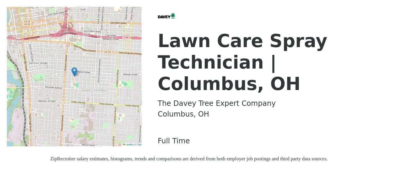 The Davey Tree Expert Company job posting for a Lawn Care Spray Technician | Columbus, OH in Columbus, OH with a salary of $16 to $20 Hourly with a map of Columbus location.