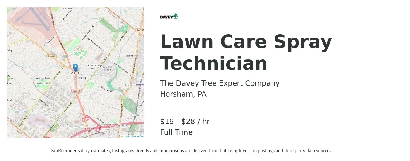 The Davey Tree Expert Company job posting for a Lawn Care Spray Technician in Horsham, PA with a salary of $20 to $30 Hourly with a map of Horsham location.