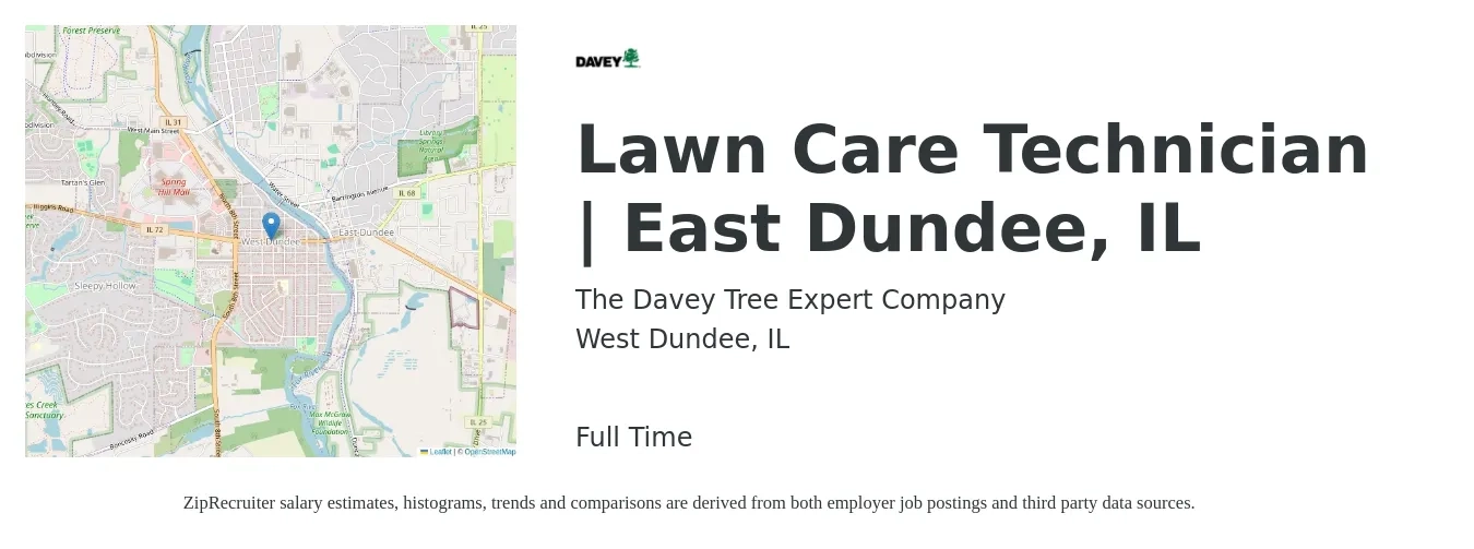 The Davey Tree Expert Company job posting for a Lawncare Technician | East Dundee, IL in West Dundee, IL with a salary of $17 to $22 Hourly with a map of West Dundee location.