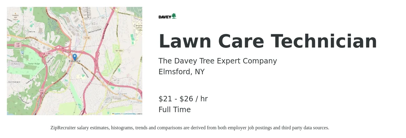 The Davey Tree Expert Company job posting for a Lawn Care Technician in Elmsford, NY with a salary of $22 to $28 Hourly with a map of Elmsford location.