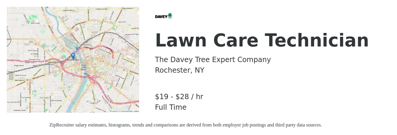 The Davey Tree Expert Company job posting for a Lawn Care Technician in Rochester, NY with a salary of $17 to $22 Hourly with a map of Rochester location.