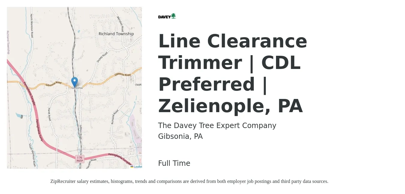 The Davey Tree Expert Company job posting for a Line Clearance Trimmer | CDL Preferred | Zelienople, PA in Gibsonia, PA with a map of Gibsonia location.