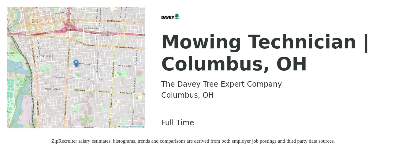 The Davey Tree Expert Company job posting for a Mowing Technician | Columbus, OH in Columbus, OH with a salary of $16 to $20 Hourly with a map of Columbus location.